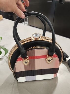Stylish Check Plaid Dome Satchel Handbag - Black & Pink - New